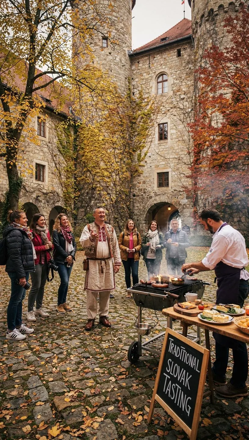 A bustling market scene in Slovakia showcasing colorful fruits and vegetables with vendors interacting with customers.