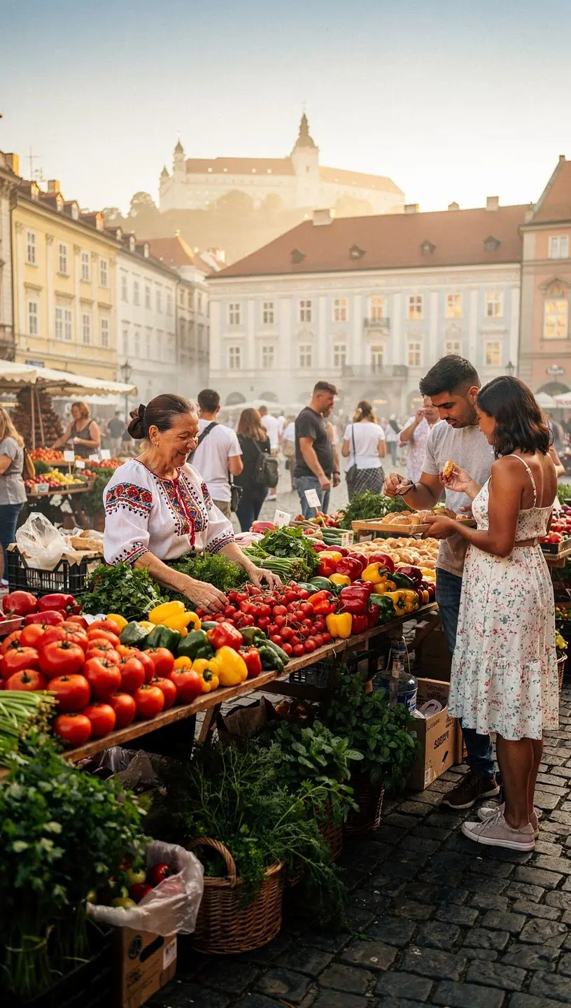An artisan cheese vendor displaying a variety of handmade cheeses at a vibrant outdoor market in Slovakia.